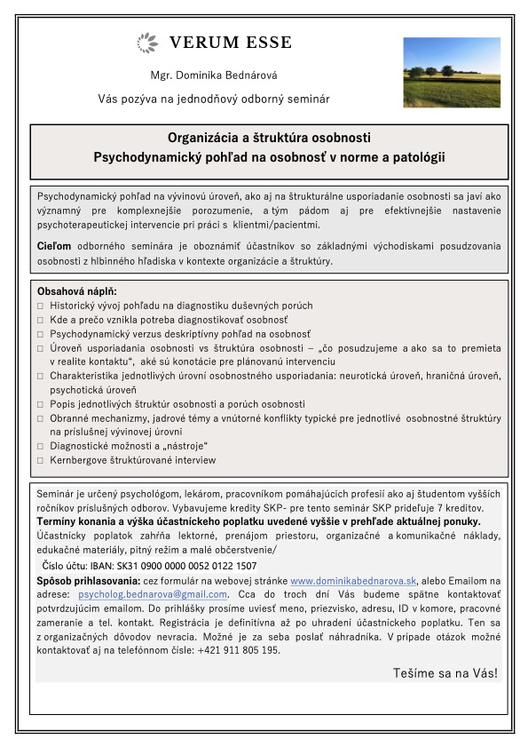 ORGANIZCIA A TRUKTRA OSOBNOSTI. Psychodynamick pohad na osobnos .